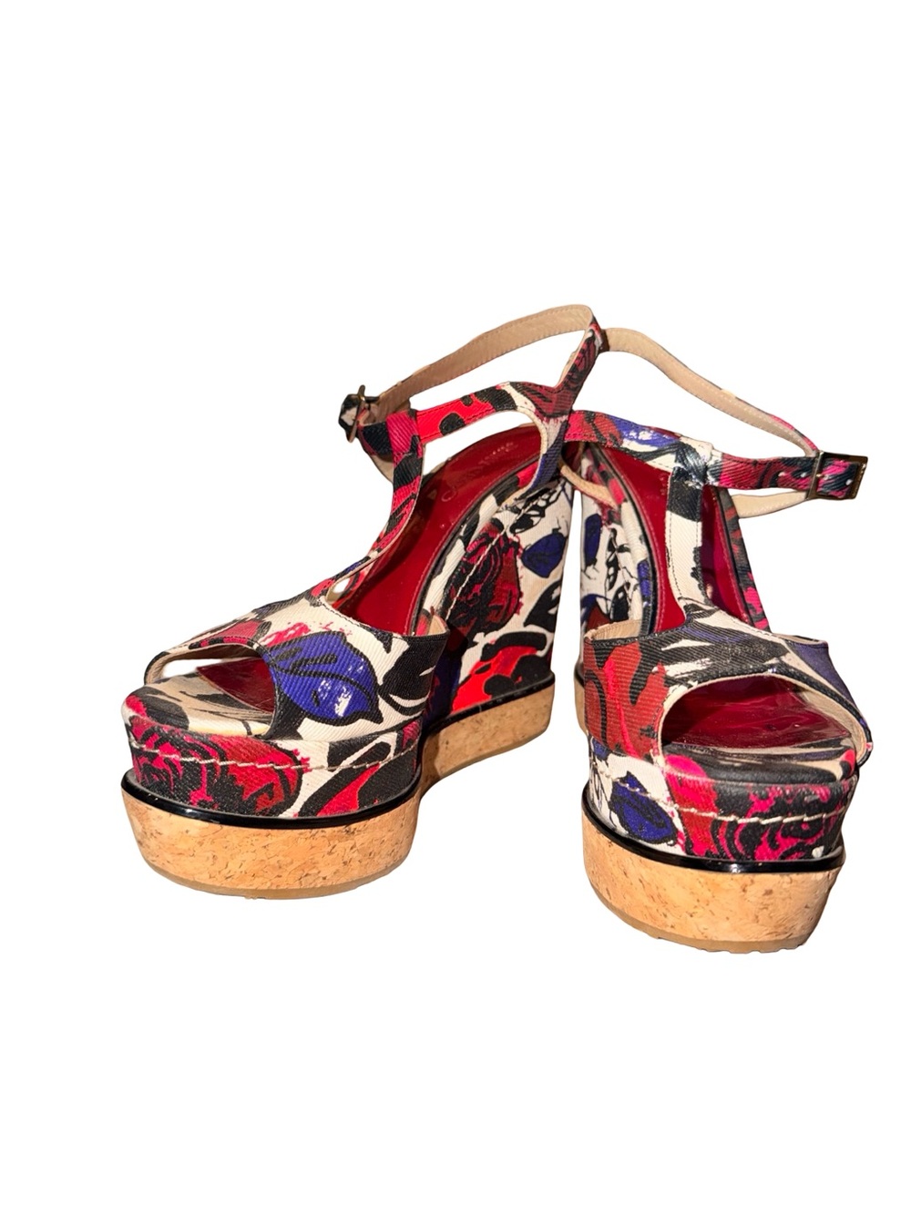 Jimmy Choo 7-7-1/2 Floral Platform Cork Wedge Sandals - Red/Blue/White/Black